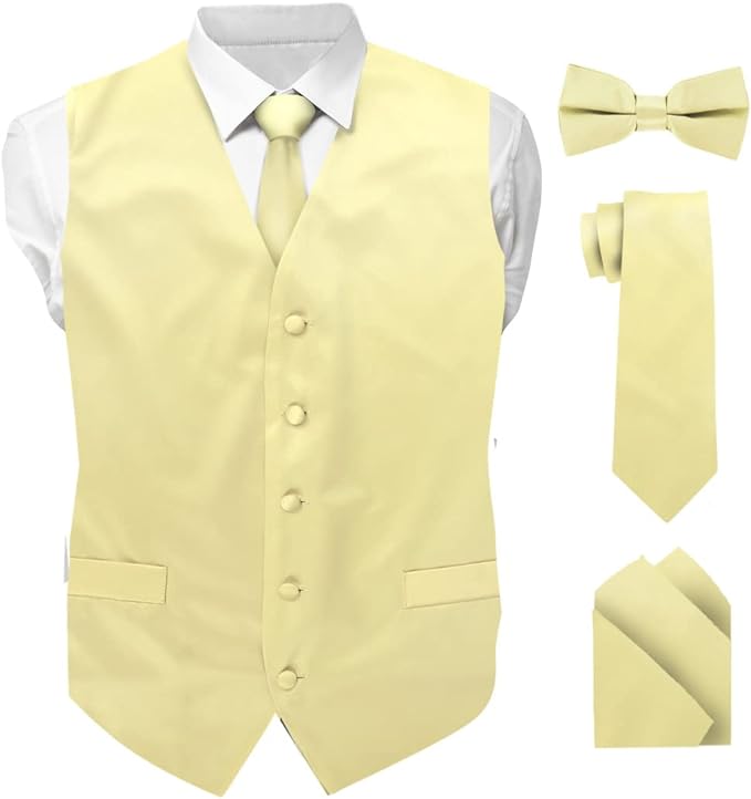 Vittorio Farina Men's Satin Vest, Necktie, Bow Tie and Pocket Square Set (White Back)