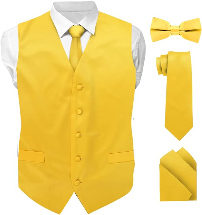 Vittorio Farina Men's Satin Vest, Necktie, Bow Tie and Pocket Square Set (White Back)