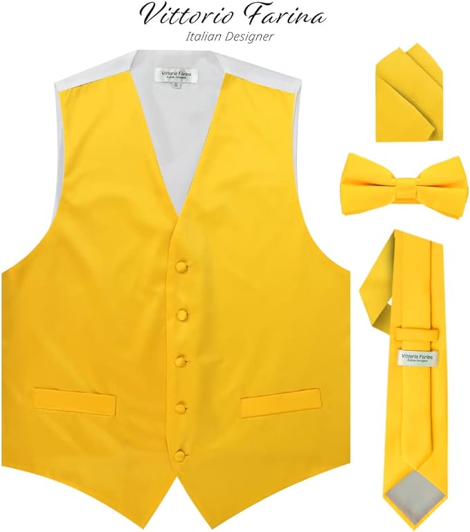 Vittorio Farina Solid Satin Vest Set (White Back) Var. 02 (Mustard-Yellow) - vest_plain_WB_yellow_XS - Classy Cufflinks