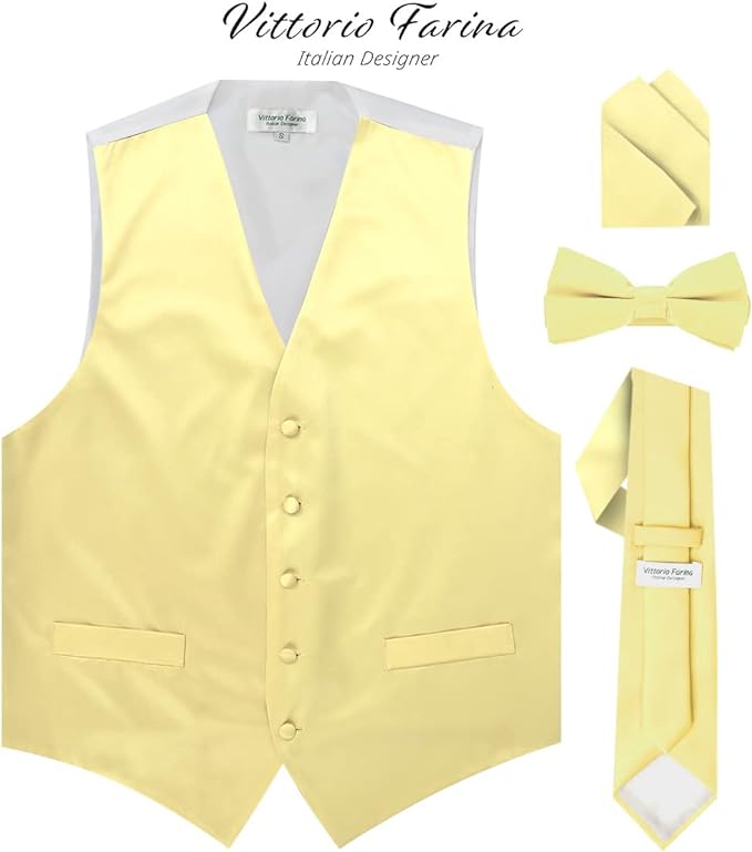 Vittorio Farina Solid Satin Vest Set (White Back) Var. 01 (Beige-Maize) - vest_plain_WB_maize_XS - Classy Cufflinks