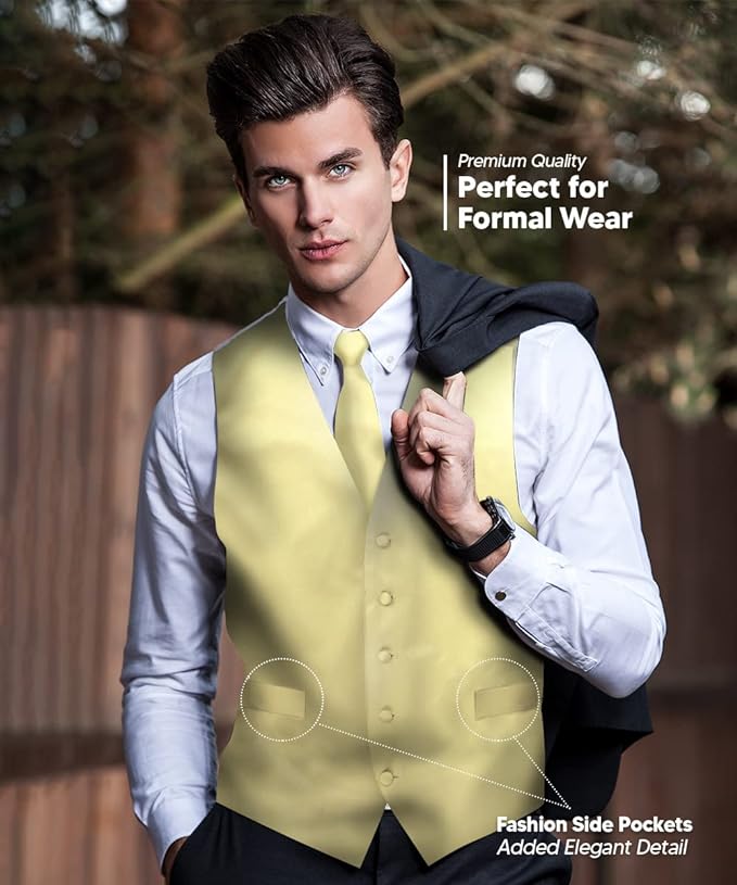 Vittorio Farina Solid Satin Vest Set (White Back) Var. 01 (Beige-Maize) - vest_plain_WB_maize_XS - Classy Cufflinks