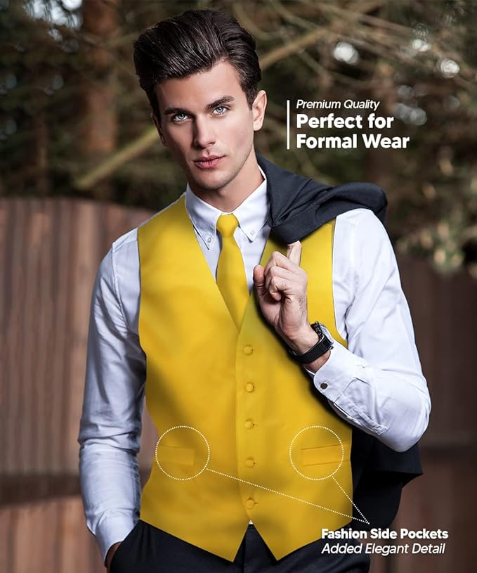 Vittorio Farina Solid Satin Vest Set (White Back) Var. 02 (Mustard-Yellow) - vest_plain_WB_yellow_XS - Classy Cufflinks