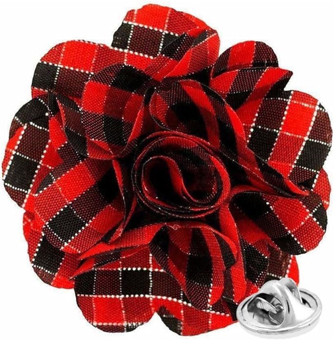 Vittorio Vico Unisex Metallic Silver Accent Plaid Flower Lapel Pin