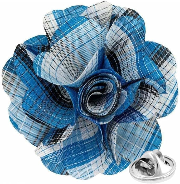 Vittorio Vico Unisex Metallic Silver Accent Plaid Flower Lapel Pin