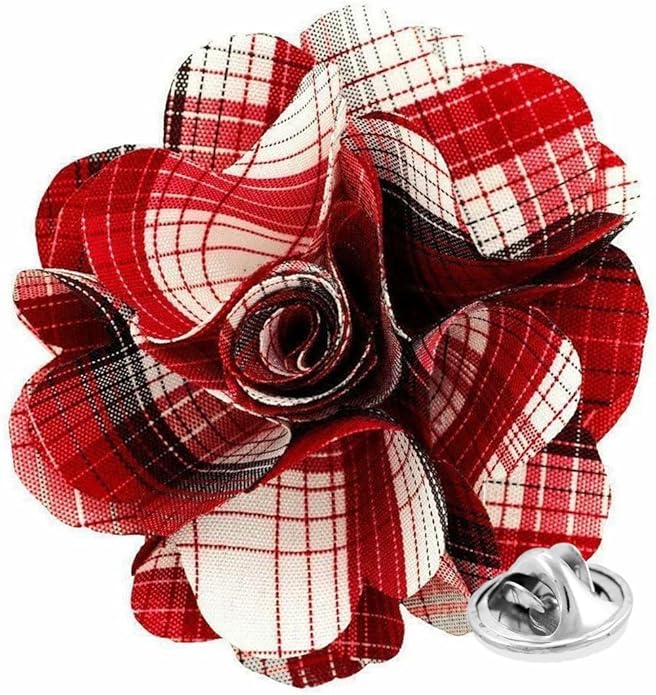 Vittorio Vico Unisex Metallic Silver Accent Plaid Flower Lapel Pin