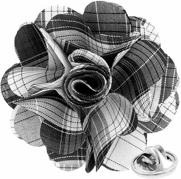 Vittorio Vico Unisex Metallic Silver Accent Plaid Flower Lapel Pin