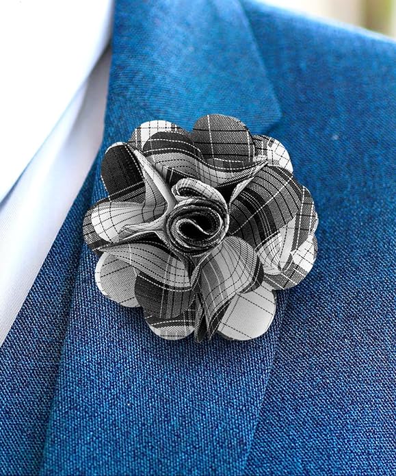 Vittorio Vico Unisex Metallic Silver Accent Plaid Flower Lapel Pin