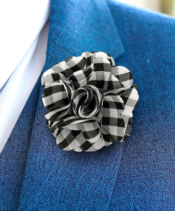 Vittorio Vico Unisex Metallic Silver Accent Plaid Flower Lapel Pin