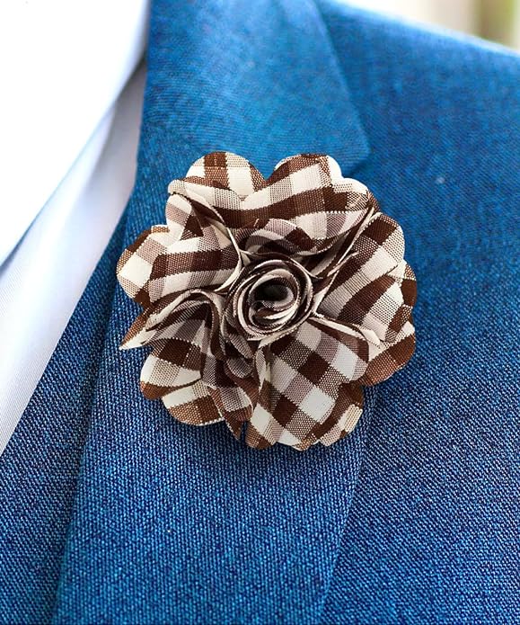 Vittorio Vico Unisex Metallic Silver Accent Plaid Flower Lapel Pin