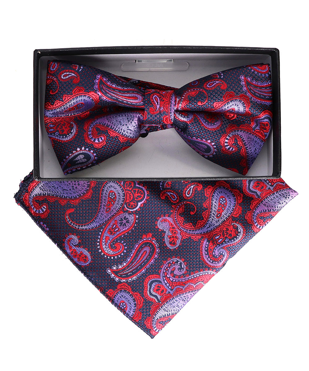 Vittorio Farina Men's Paisley Design Satin Bow Tie & Pocket Square in Gift Box