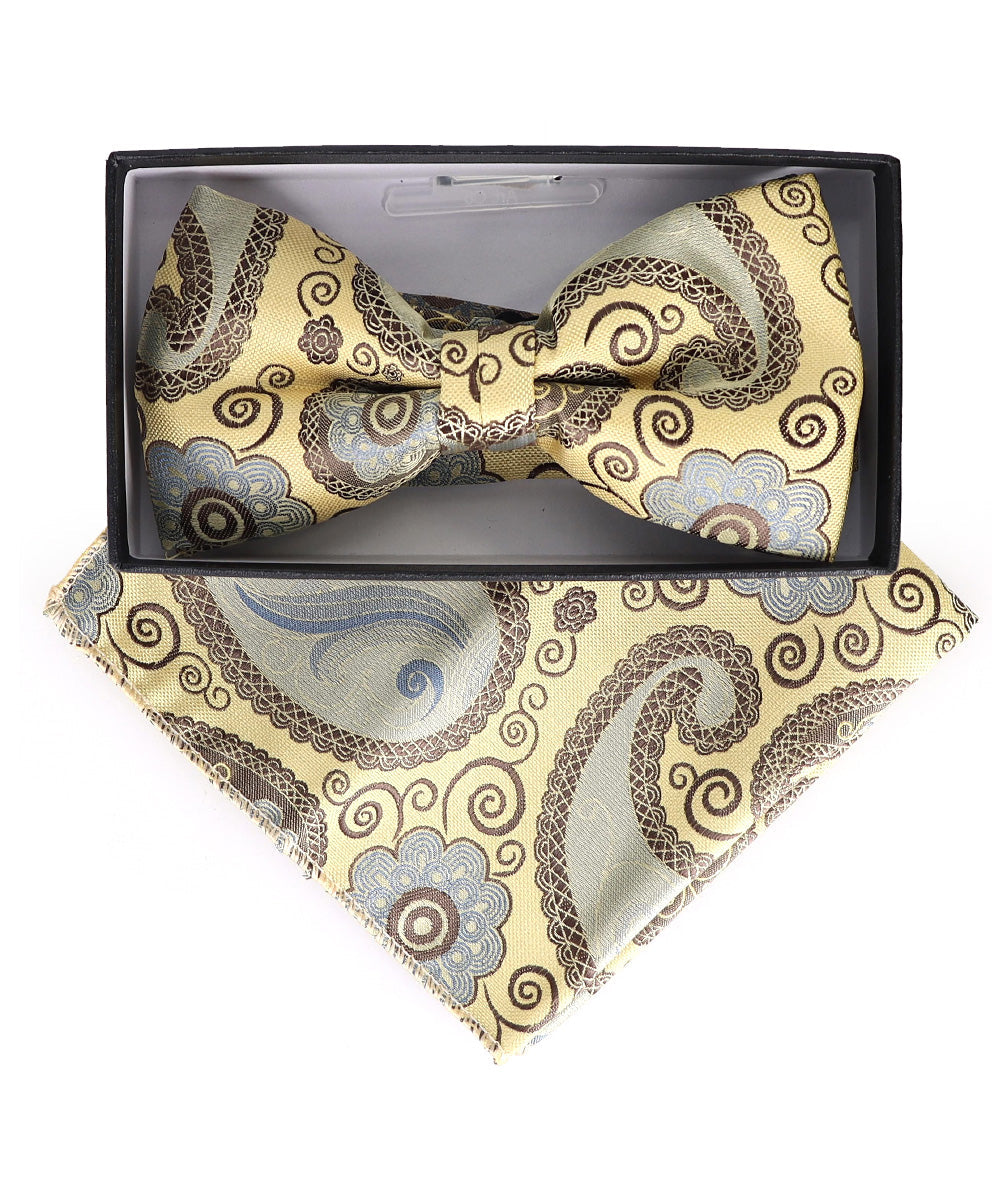 Vittorio Farina Men's Paisley Design Satin Bow Tie & Pocket Square in Gift Box