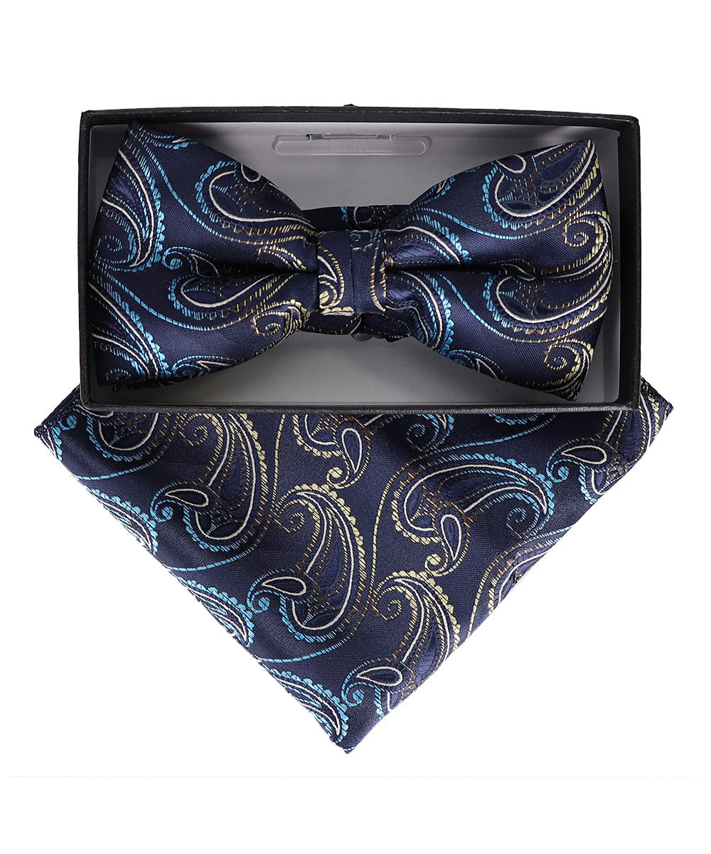 Vittorio Farina Men's Paisley Design Satin Bow Tie & Pocket Square in Gift Box