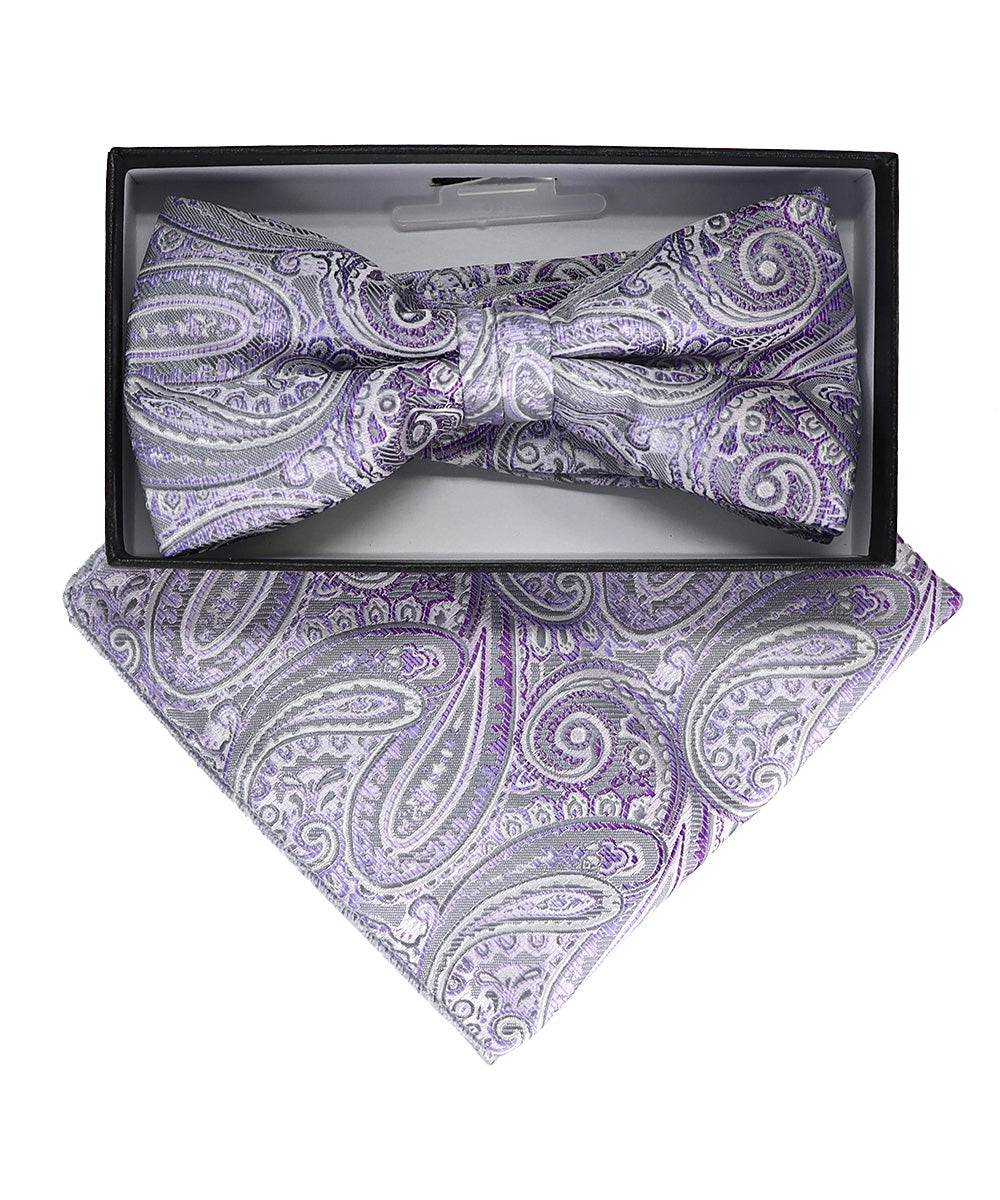 Vittorio Farina Men's Paisley Design Satin Bow Tie & Pocket Square in Gift Box