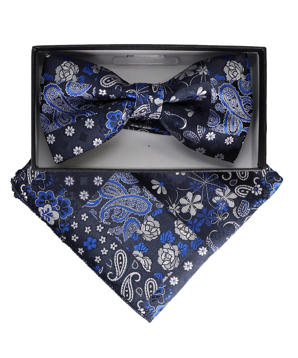 Vittorio Farina Men's Paisley Design Satin Bow Tie & Pocket Square in Gift Box