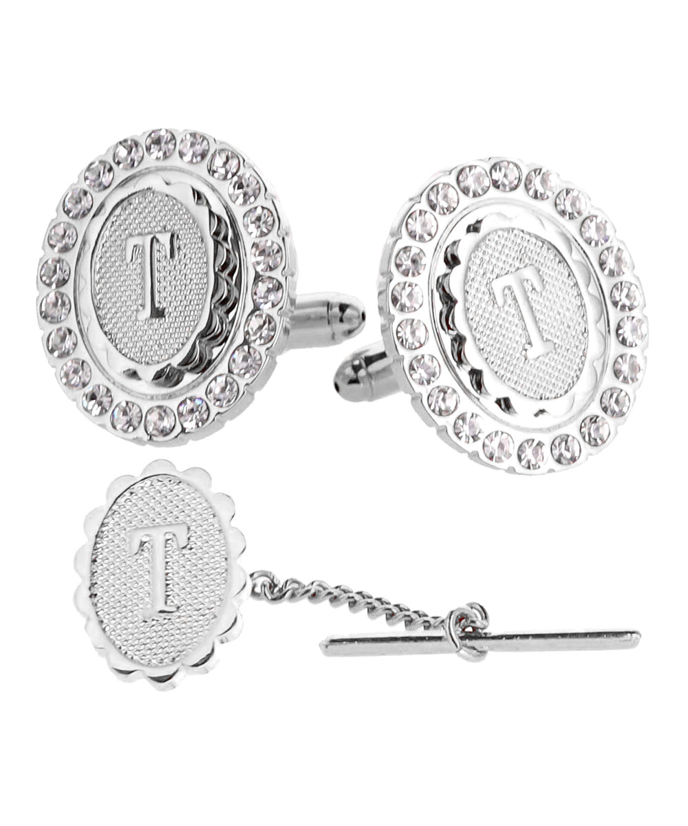 Vittorio Vico Bling Initial Cufflinks & Tie Tack Set in Gift Box