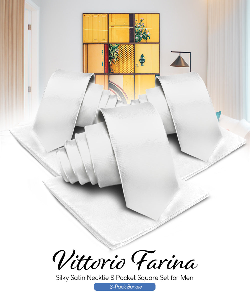 Vittorio Farina Solid Satin Necktie & Pocket Square Multipacks - NH - SOLID - 3_WHITE - Classy Cufflinks