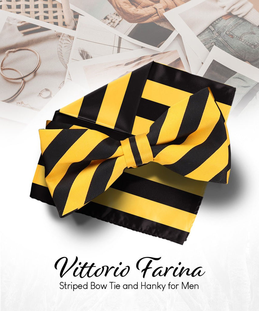 Vittorio Farina Striped Bow Tie & Pocket Square - bh - 1547 - Classy Cufflinks