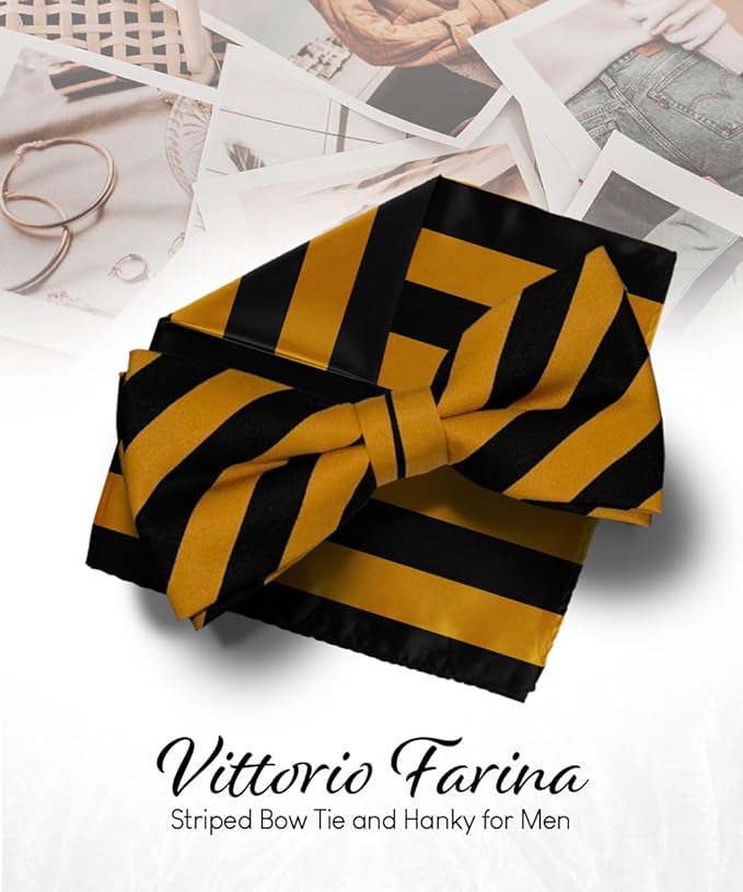 Vittorio Farina Striped Bow Tie & Pocket Square - bh - 1553 - Classy Cufflinks