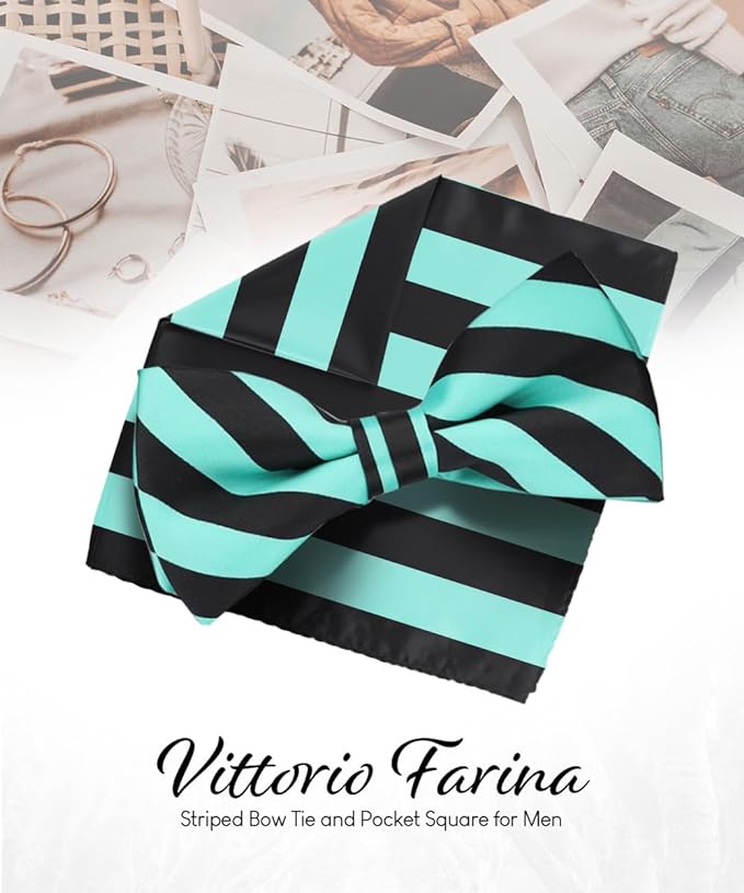 Vittorio Farina Striped Bow Tie & Pocket Square - bh - 1553 - Classy Cufflinks