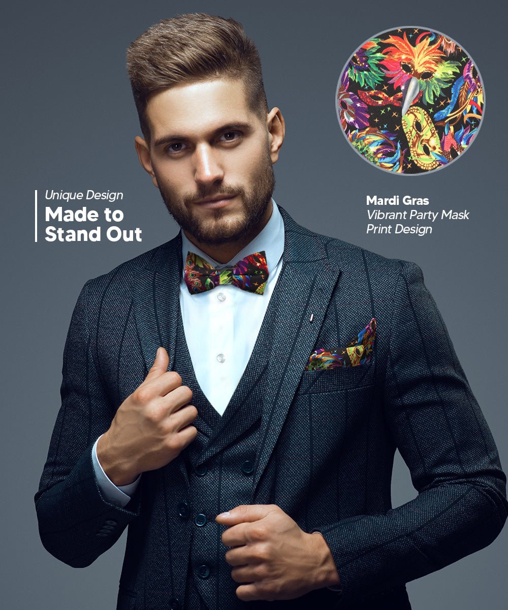 Vittorio Farina Mardi Gras Printed Bow Tie and Pocket Square - BH - MG_Mardi #0 - Classy Cufflinks