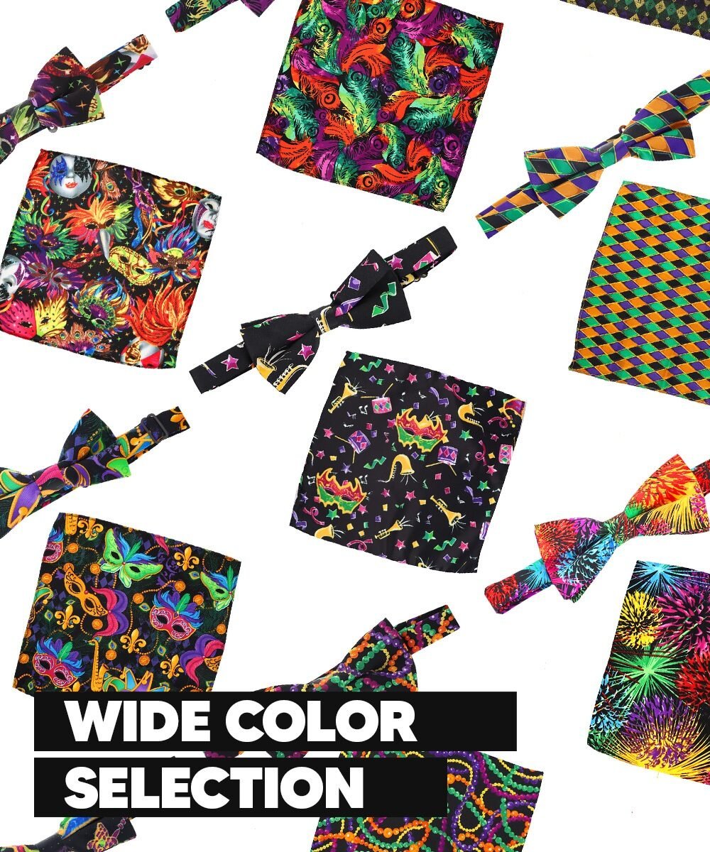 Vittorio Farina Mardi Gras Printed Bow Tie and Pocket Square - BH - MG_Mardi #0 - Classy Cufflinks