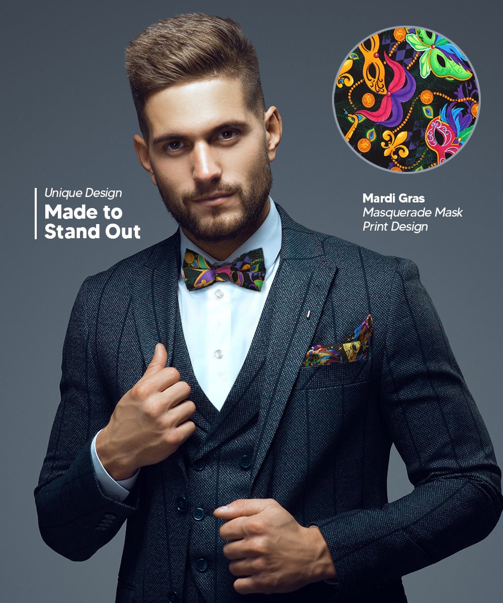 Vittorio Farina Mardi Gras Printed Bow Tie and Pocket Square - BH - MG_Mardi #1 - Classy Cufflinks