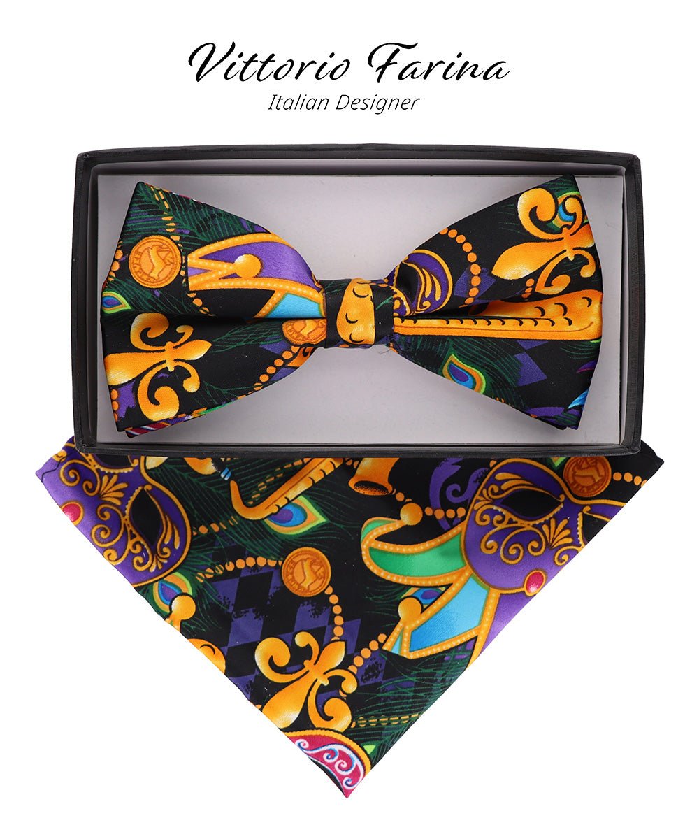 Vittorio Farina Mardi Gras Printed Bow Tie and Pocket Square - BH - MG_Mardi #1 - Classy Cufflinks