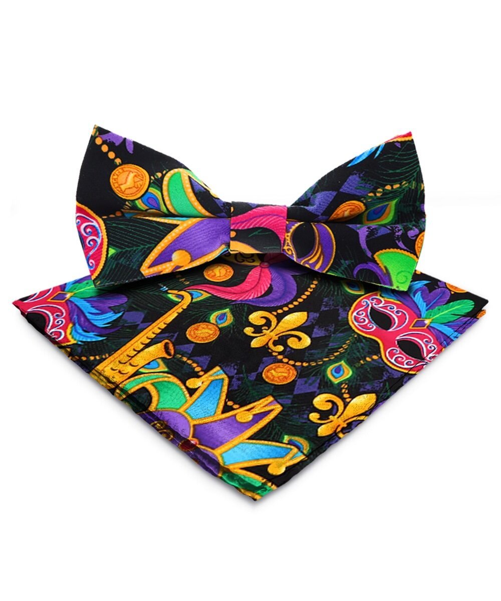 Vittorio Farina Mardi Gras Printed Bow Tie and Pocket Square - BH - MG_Mardi #1 - Classy Cufflinks