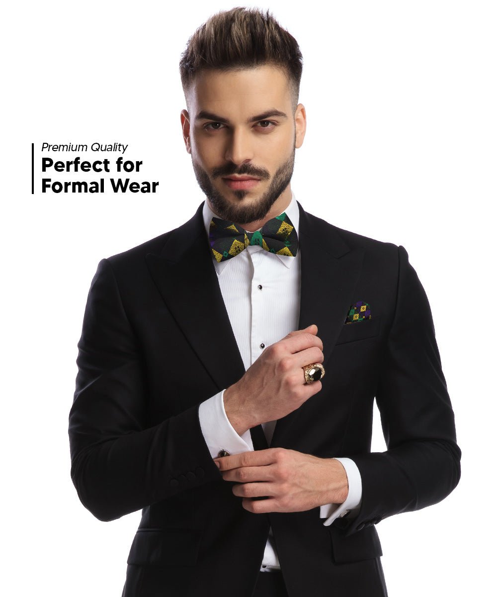 Vittorio Farina Mardi Gras Printed Bow Tie and Pocket Square - BH - MG_Mardi #2 - Classy Cufflinks