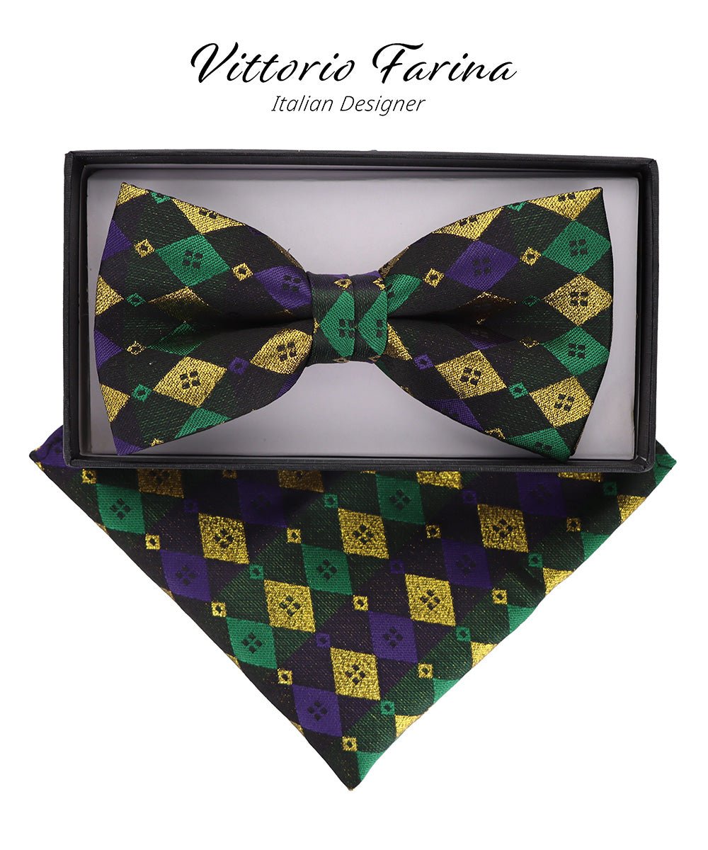 Vittorio Farina Mardi Gras Printed Bow Tie and Pocket Square - BH - MG_Mardi #2 - Classy Cufflinks