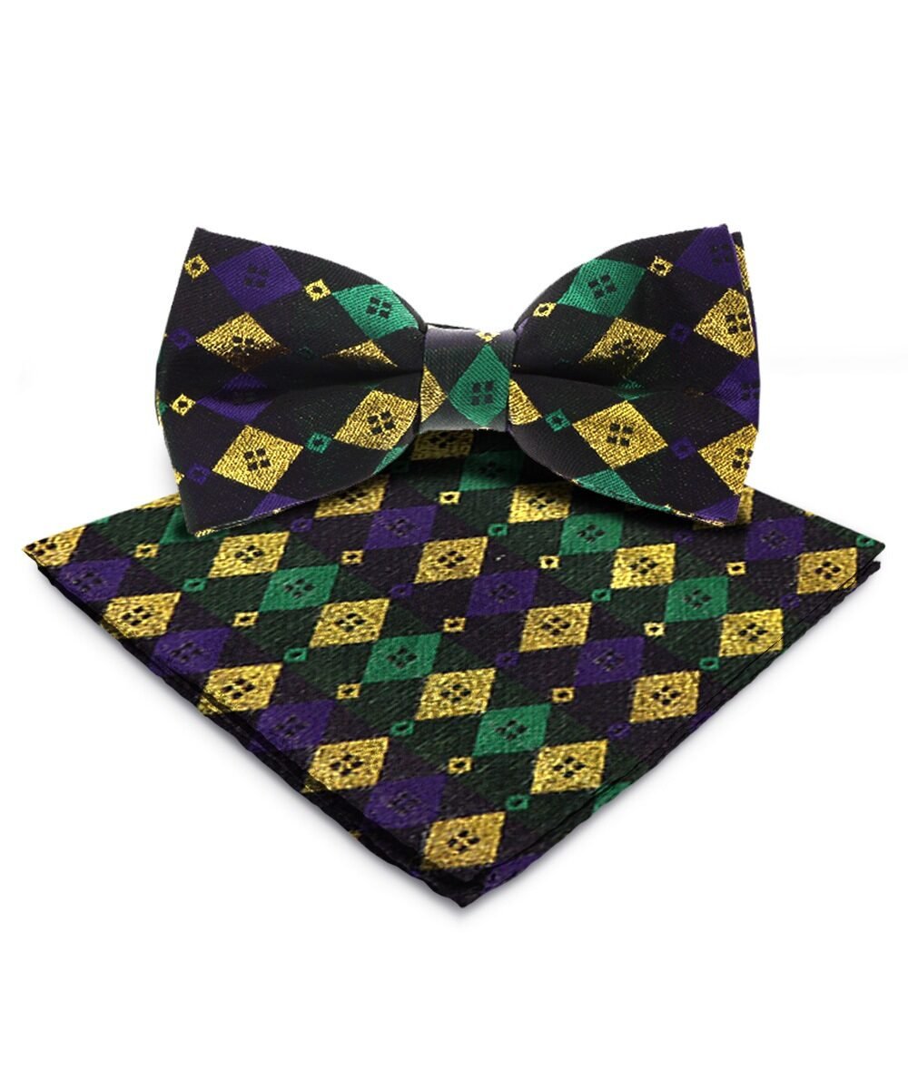 Vittorio Farina Mardi Gras Printed Bow Tie and Pocket Square - BH - MG_Mardi #2 - Classy Cufflinks