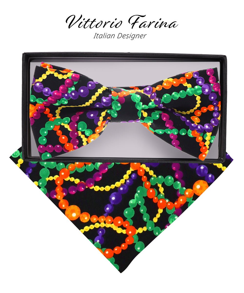 Vittorio Farina Mardi Gras Printed Bow Tie and Pocket Square - BH - MG_Mardi #4 - Classy Cufflinks