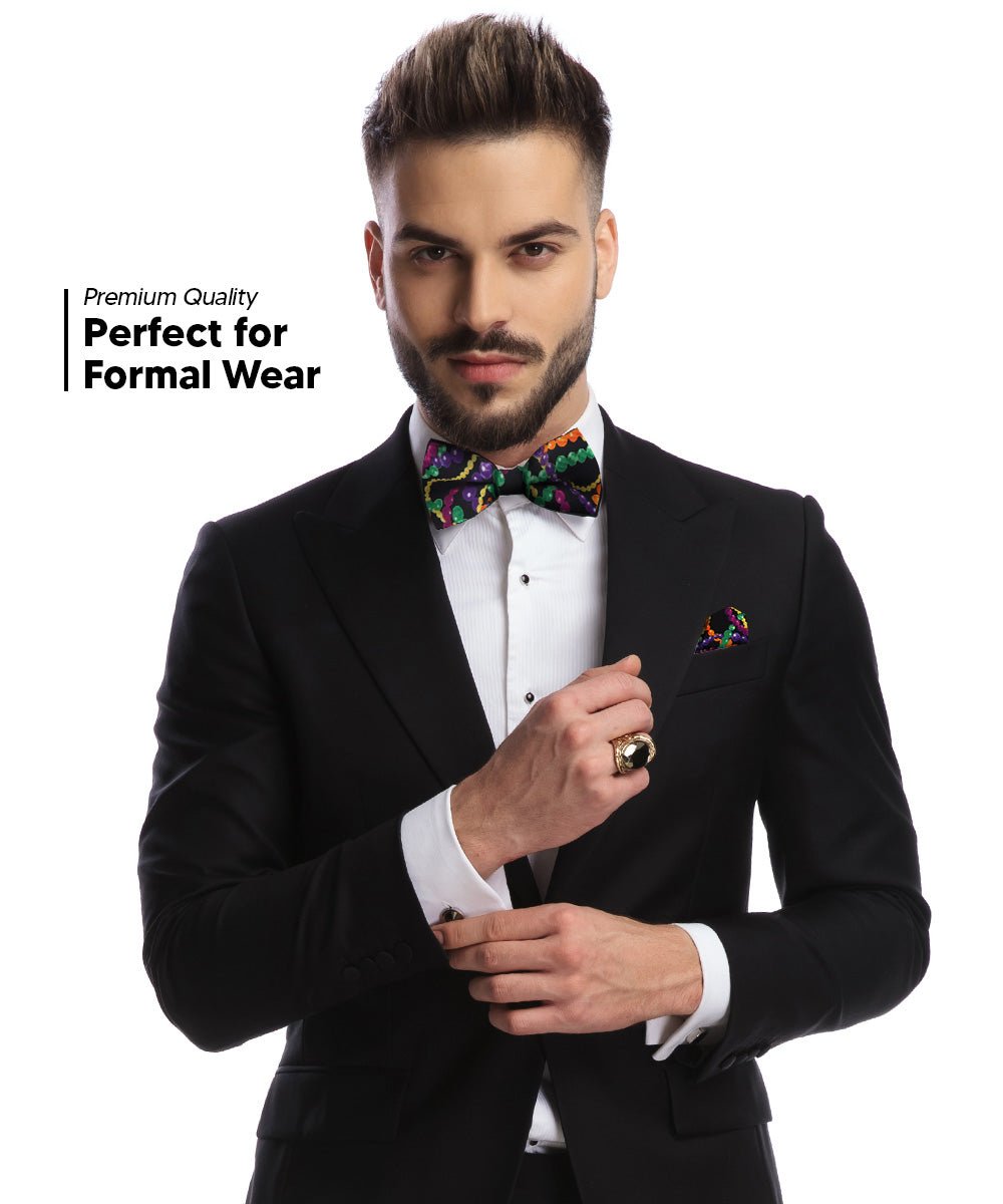 Vittorio Farina Mardi Gras Printed Bow Tie and Pocket Square - BH - MG_Mardi #4 - Classy Cufflinks