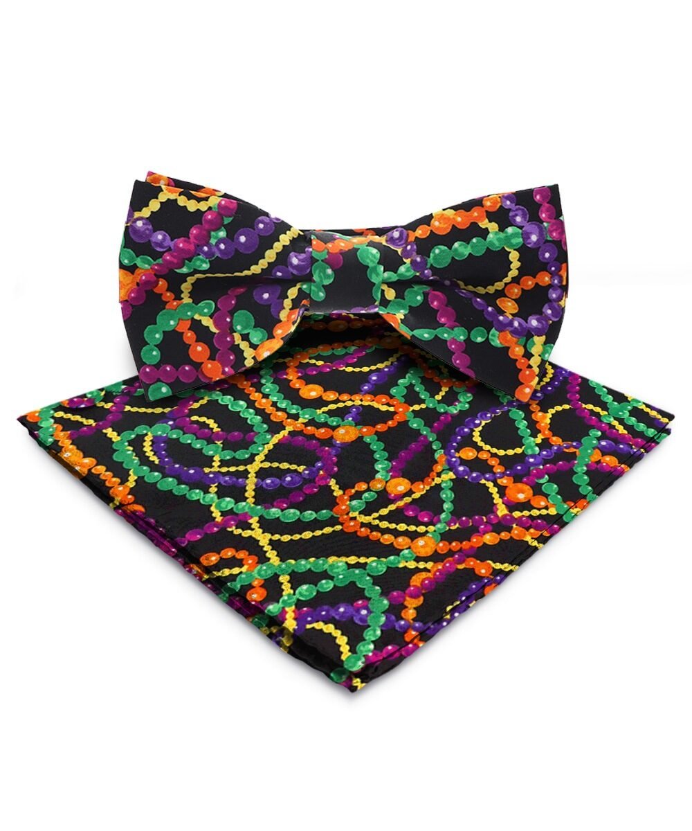 Vittorio Farina Mardi Gras Printed Bow Tie and Pocket Square - BH - MG_Mardi #4 - Classy Cufflinks