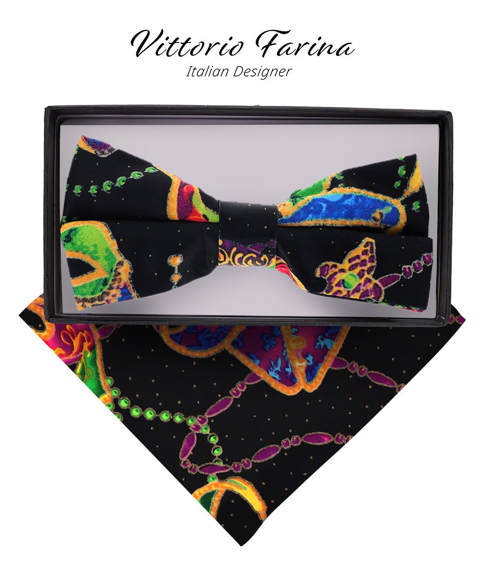 Vittorio Farina Mardi Gras Printed Bow Tie and Pocket Square - BH - MG_Mardi #5 - Classy Cufflinks