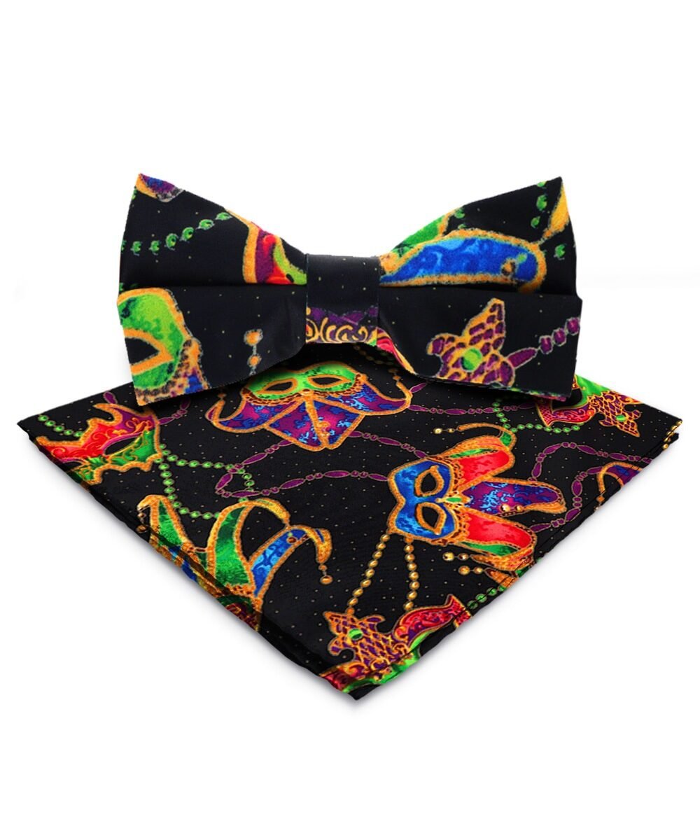 Vittorio Farina Mardi Gras Printed Bow Tie and Pocket Square - BH - MG_Mardi #5 - Classy Cufflinks