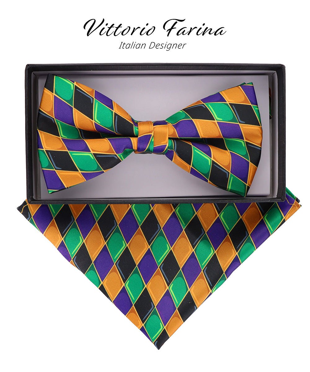 Vittorio Farina Mardi Gras Printed Bow Tie and Pocket Square - BH - MG_Mardi #6 - Classy Cufflinks