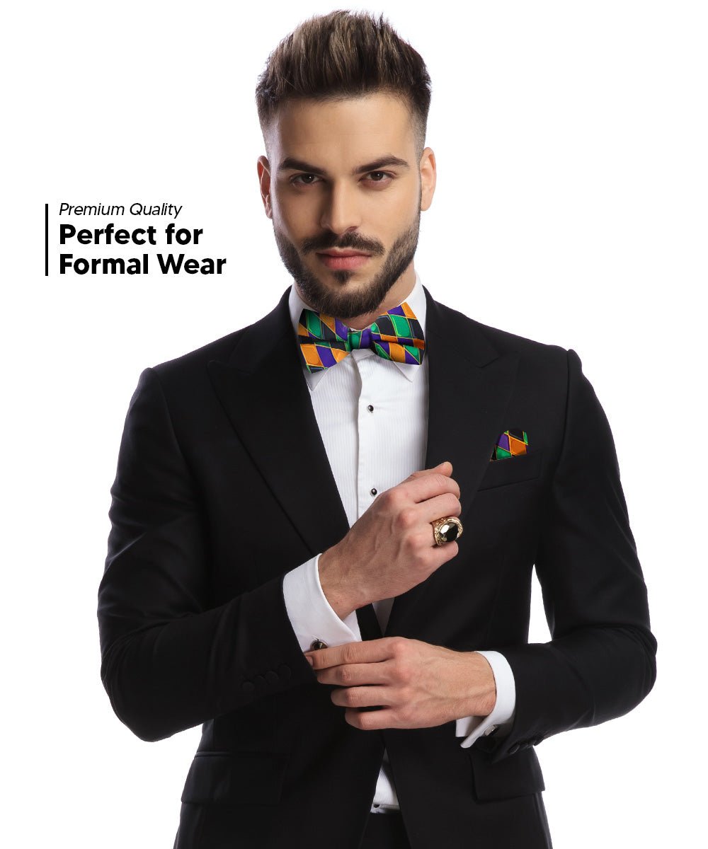 Vittorio Farina Mardi Gras Printed Bow Tie and Pocket Square - BH - MG_Mardi #6 - Classy Cufflinks