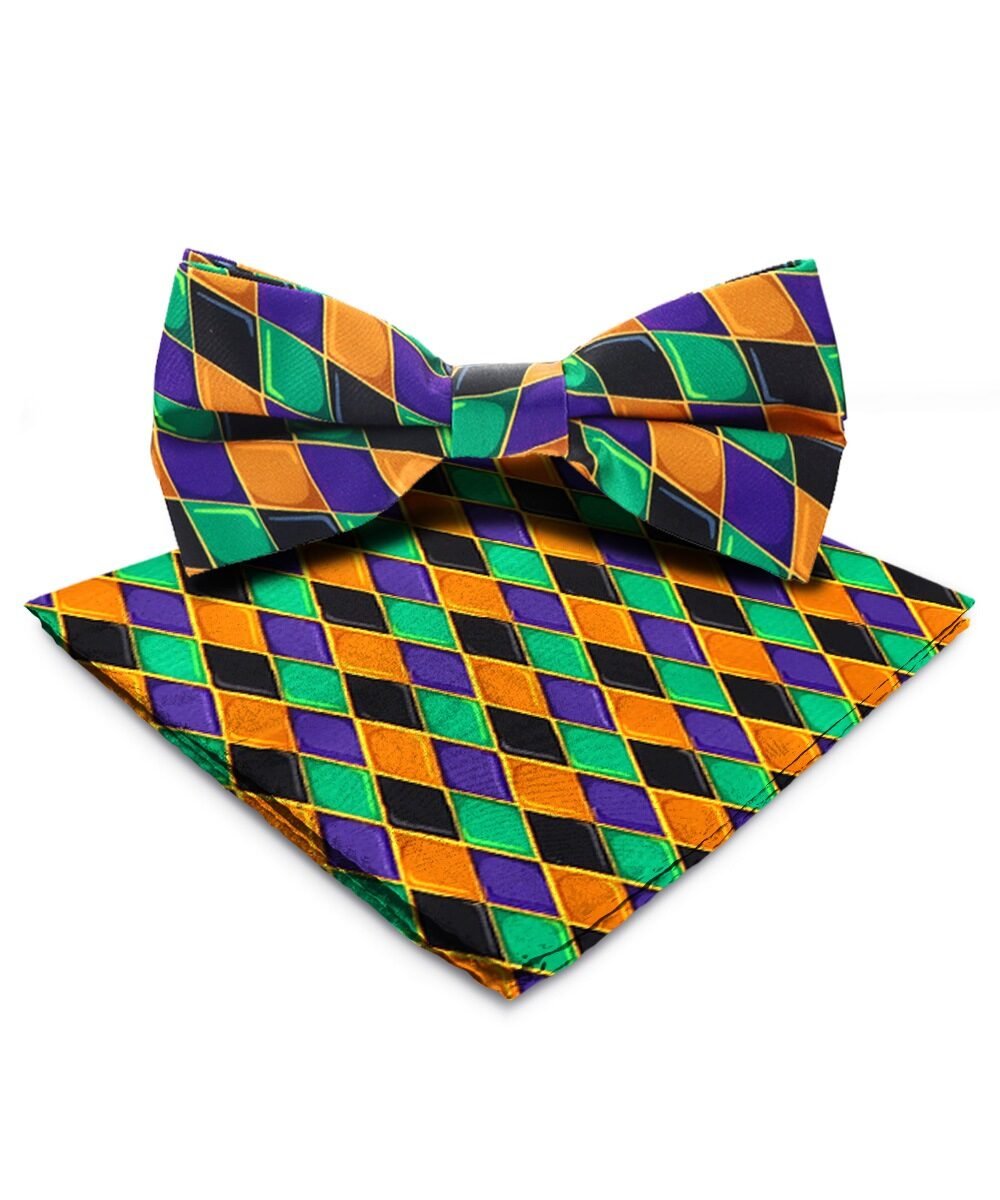 Vittorio Farina Mardi Gras Printed Bow Tie and Pocket Square - BH - MG_Mardi #6 - Classy Cufflinks