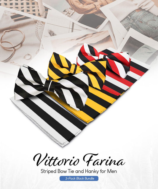 Vittorio Farina Striped Bow Tie & Pocket Square Multipacks - BH - ST - 3_BLACK - Classy Cufflinks