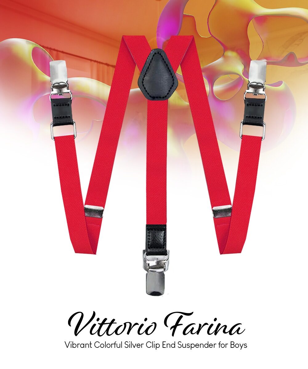 Vittorio Farina Vibrant Colorful Boy's Silver Clip End Suspender - boys - suspender - red - Classy Cufflinks