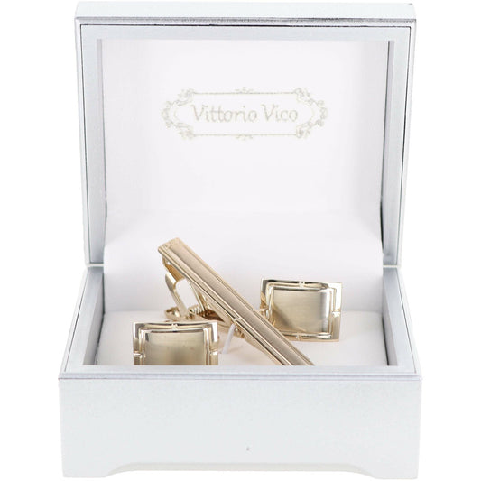 Vittorio Vico Plain Gold Cufflink & Tie Bar Set in Gift Box