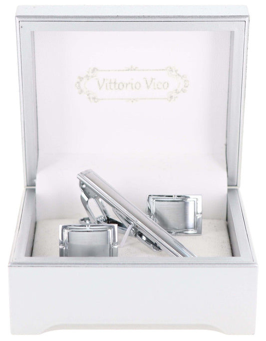 Vittorio Vico Plain Silver Cufflink & Tie Bar Set in Gift Box