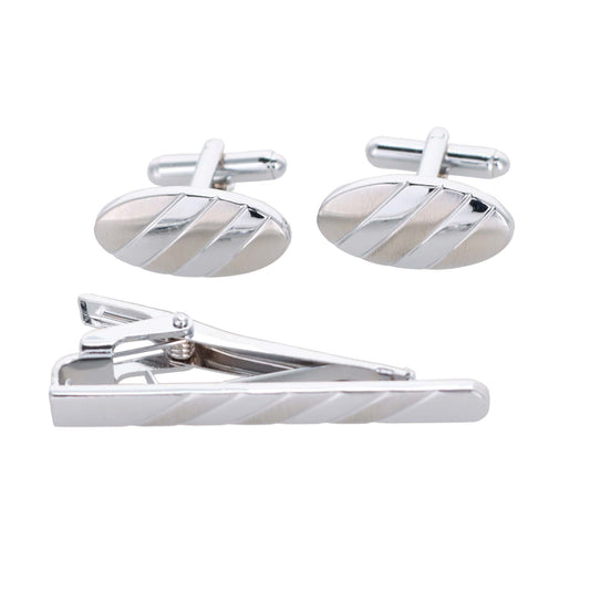 Vittorio Vico Plain Silver Cufflink & Tie Bar Set in Gift Box