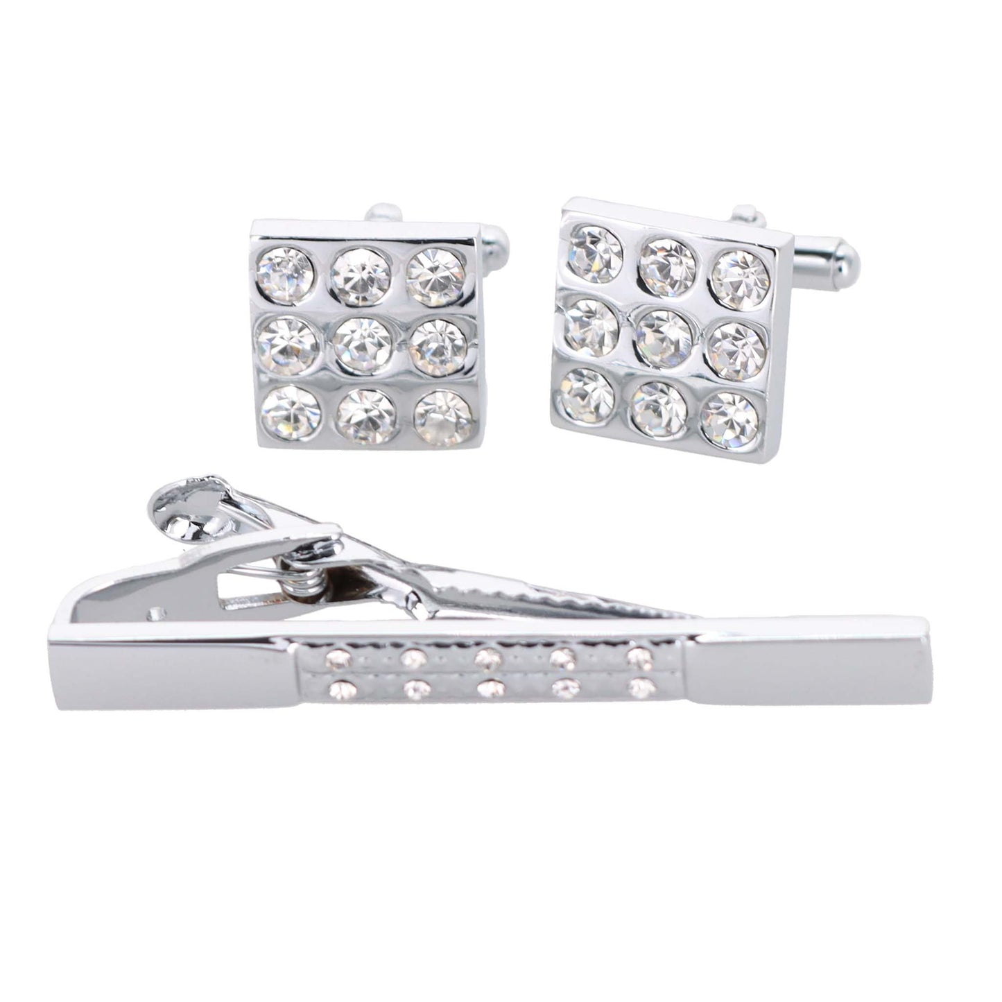 Vittorio Vico Silver Rhinestone Cufflinks & Tie Bar Set - CR-026 - Classy Cufflinks