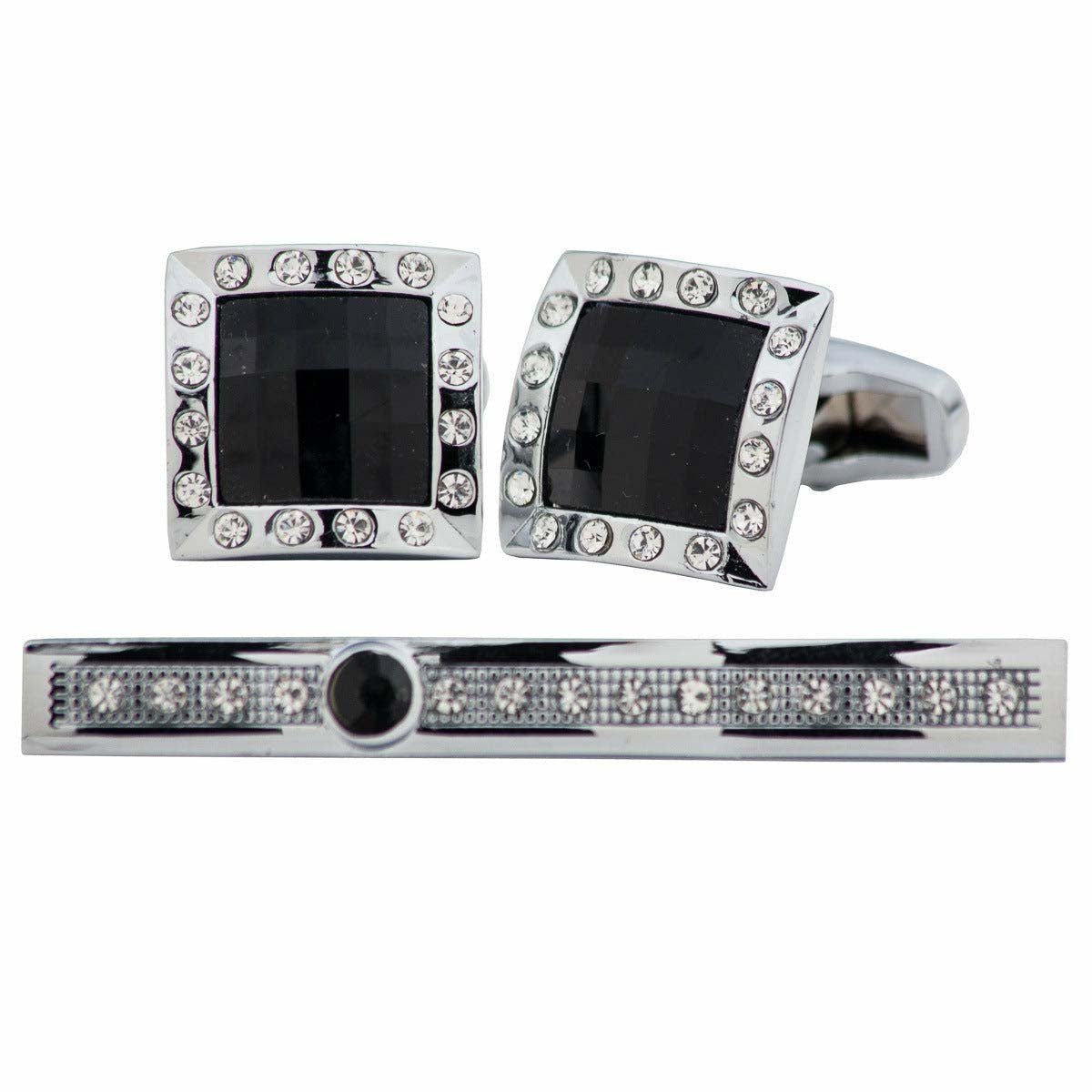 Vittorio Vico Silver Rhinestone Cufflinks & Tie Bar Set - CR-027 - Classy Cufflinks