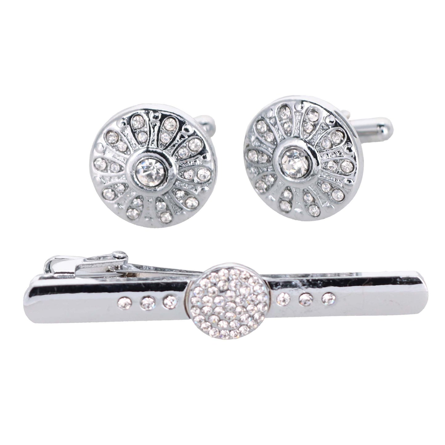 Vittorio Vico Silver Rhinestone Cufflinks & Tie Bar Set - CR-028 - Classy Cufflinks