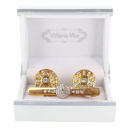 Vittorio Vico Gold Rhinestone Cufflinks & Tie Bar Set - CR-029 - Classy Cufflinks