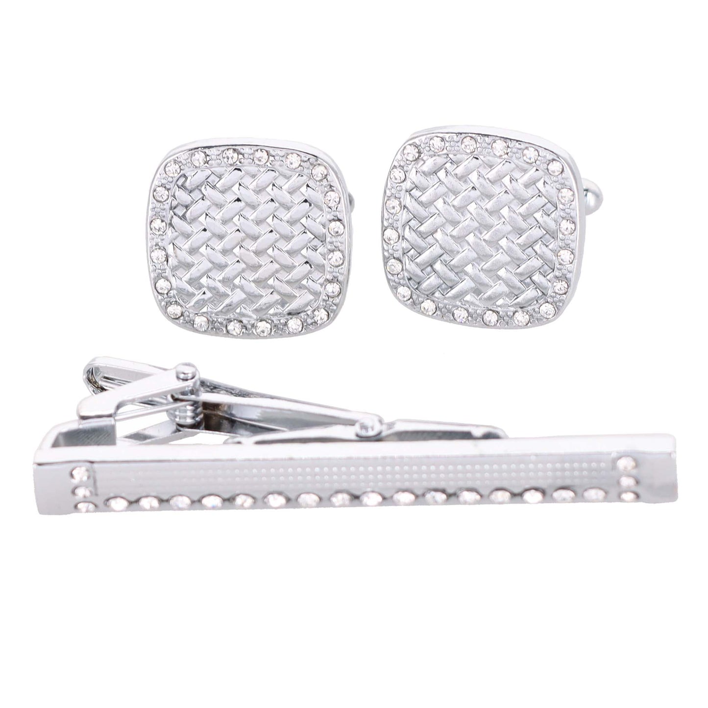 Vittorio Vico Silver Rhinestone Cufflinks & Tie Bar Set - CR-034 - Classy Cufflinks