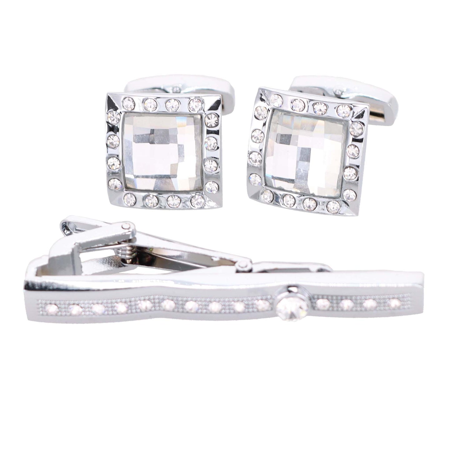 Vittorio Vico Silver Rhinestone Cufflinks & Tie Bar Set - CR-039 - Classy Cufflinks